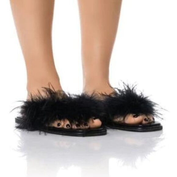 AZALEA WANG Pammy Black Maribou Feather Flat Thong Sandals 6-10 NWT - Picture 5 of 16